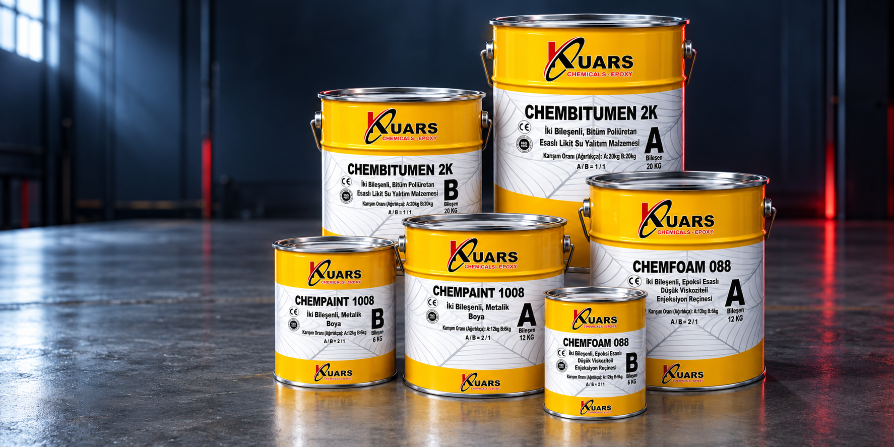 Kuars ürünlerinden ChemBitumen 2K, Chemfoam 088 ve Chempaint 1008 ambalajları